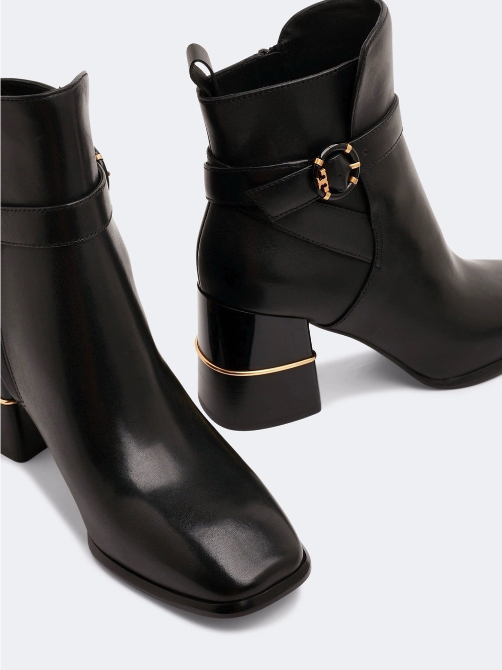 TORY BURCH Logo Buckle Square-Toe Ankle Boots in Black Leather 10 - Picture 2 of 14